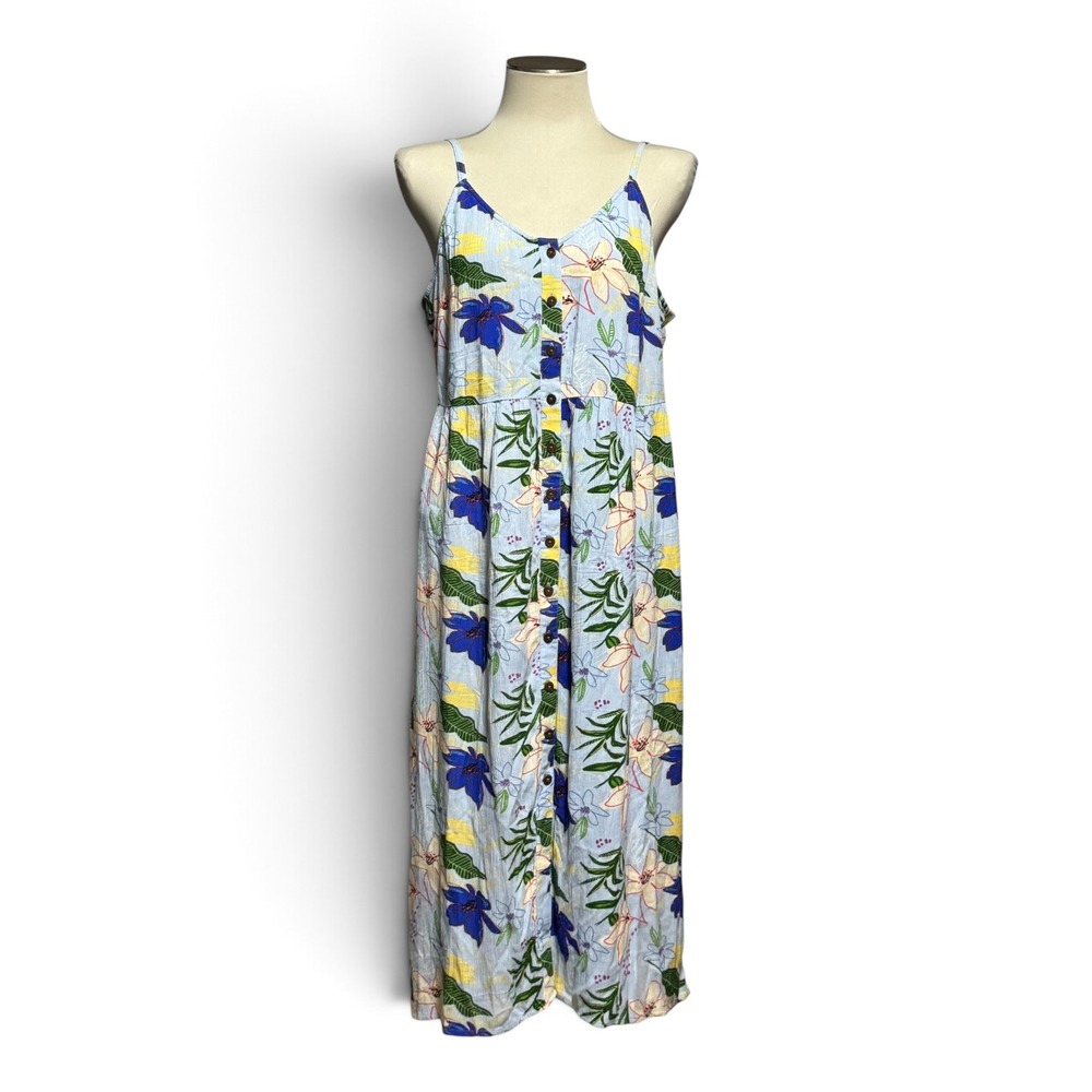 Natural Reflections Blue Tropical Floral Sleeveless Button Up Midi Dress Large